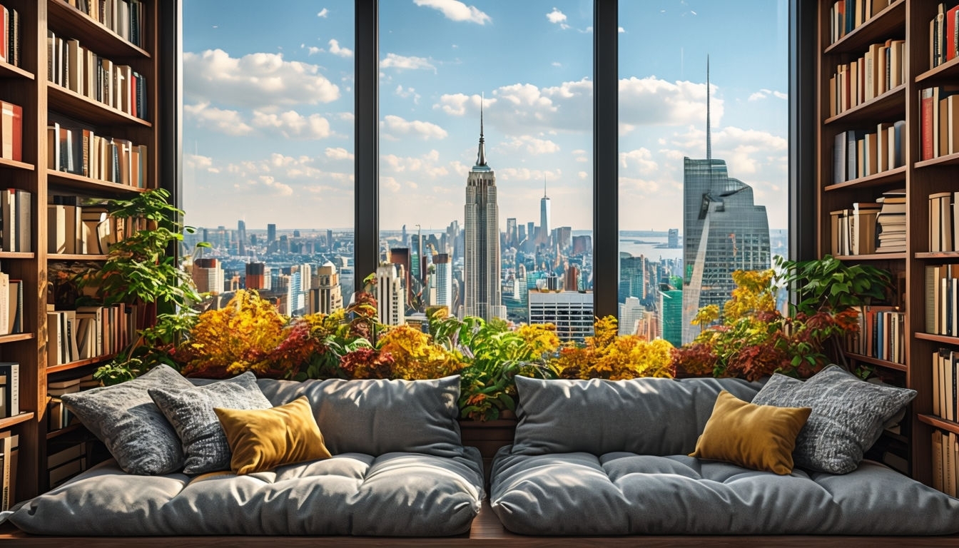 Cozy Reading Nook with City View and Plush Cushions Art