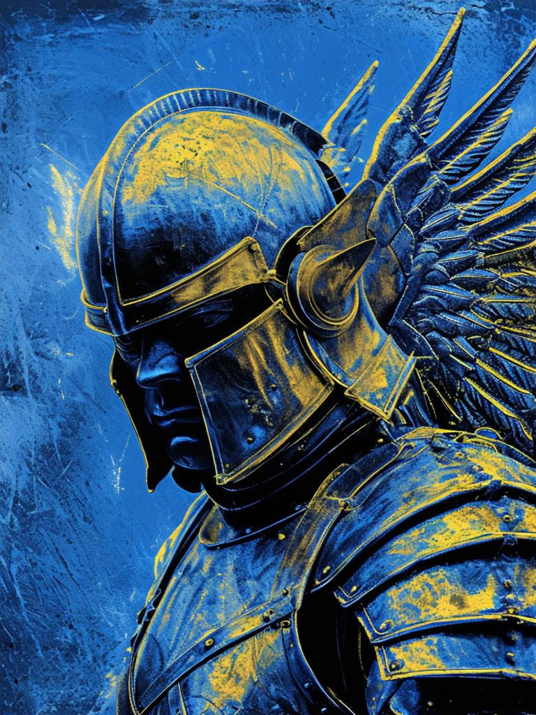 Vibrant Electric Blue Warrior in Vintage Armor Poster