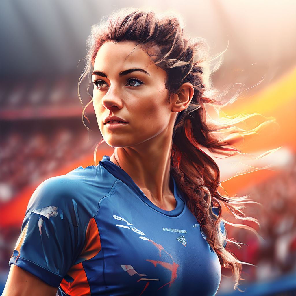 a beautiful woman playing soccer running after a goal wearing a team  jersey