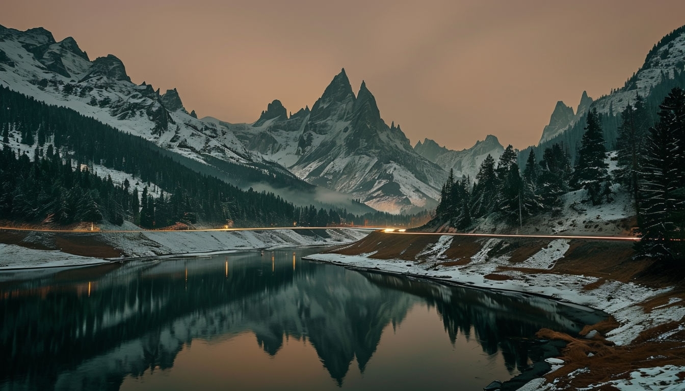 Tranquil Mountain Landscape with Reflective Water Virtual Background