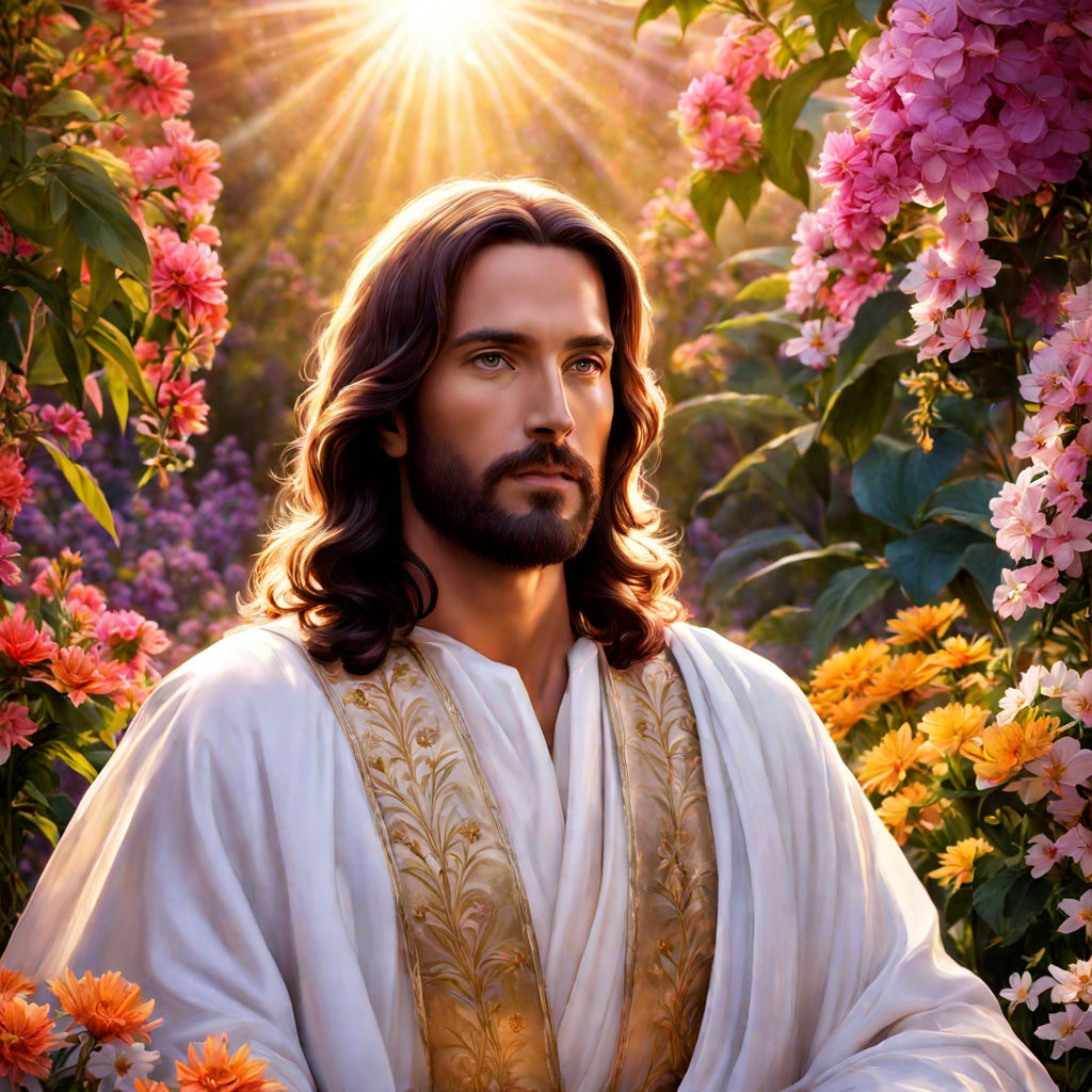 Jesus Christ in a serene garden at sunset by Douglas Alves - Playground