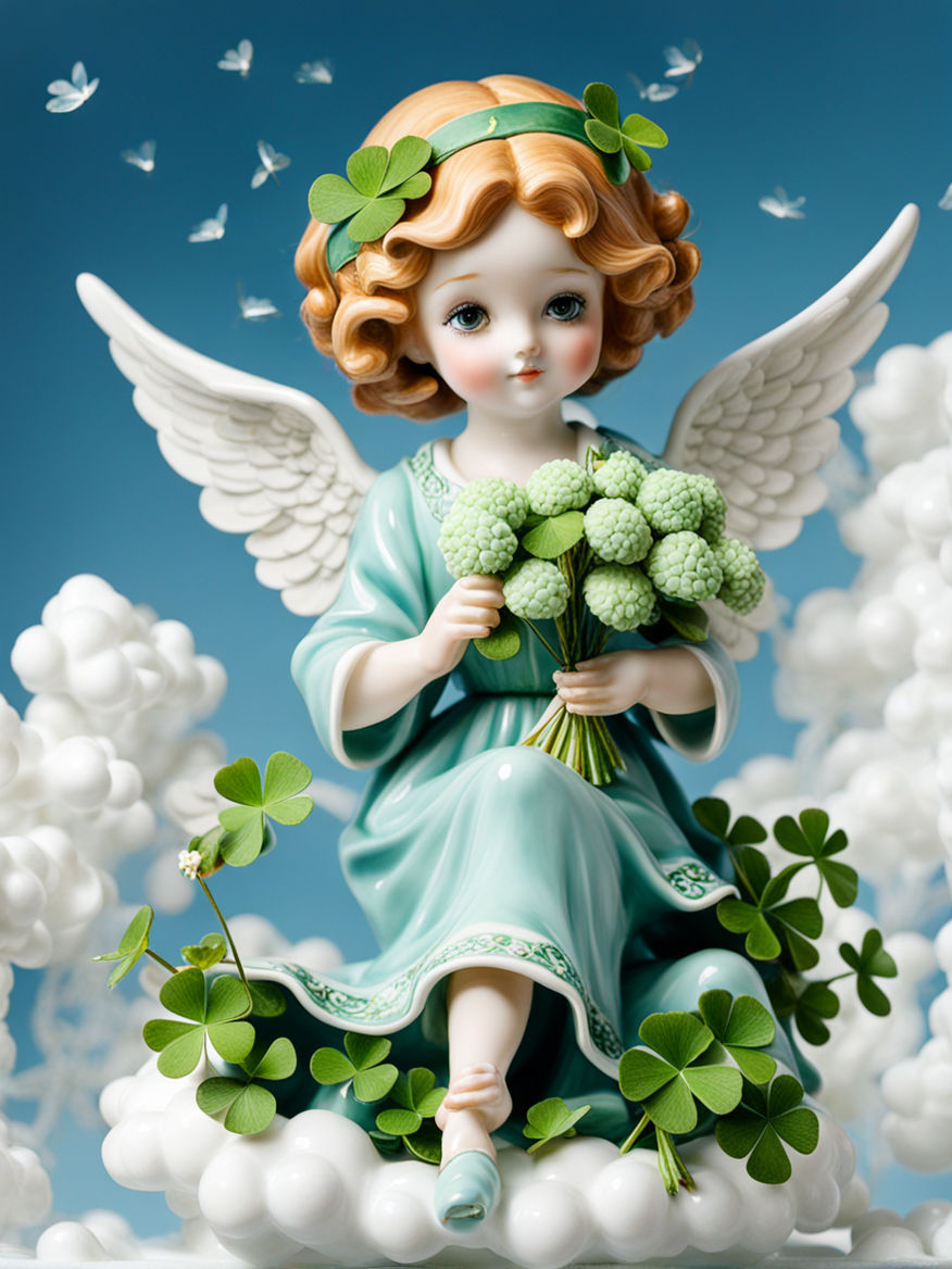 Prompt: Porcelain angel with a bouquet of clover sitting on a cloud