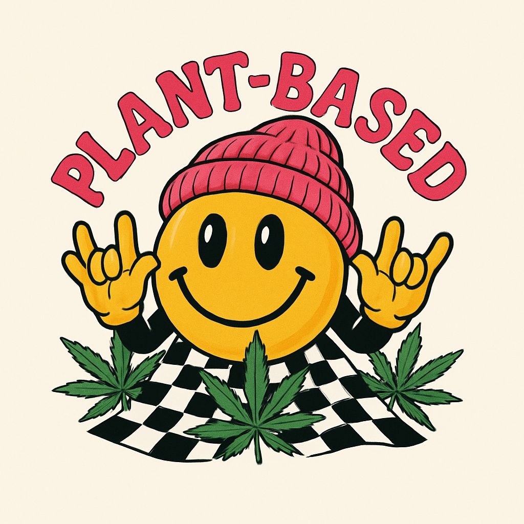 Smiling Yellow Face with Pink Beanie and Plant-Based Theme T-Shirt