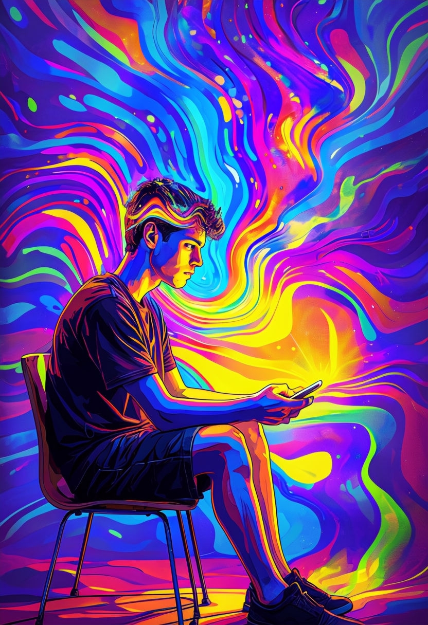 Surreal Psychedelic Art of a Man Merged with Smartphone Glow Art