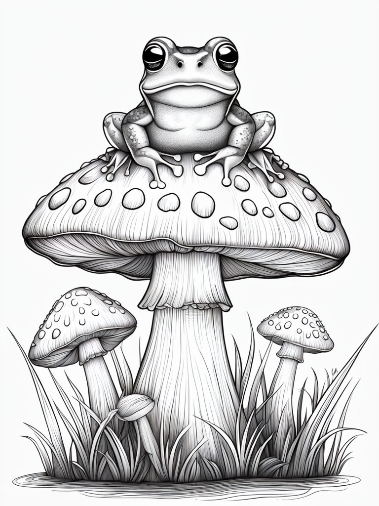 Whimsical Frog on Spotted Toadstool Line Drawing for Coloring Book Pages