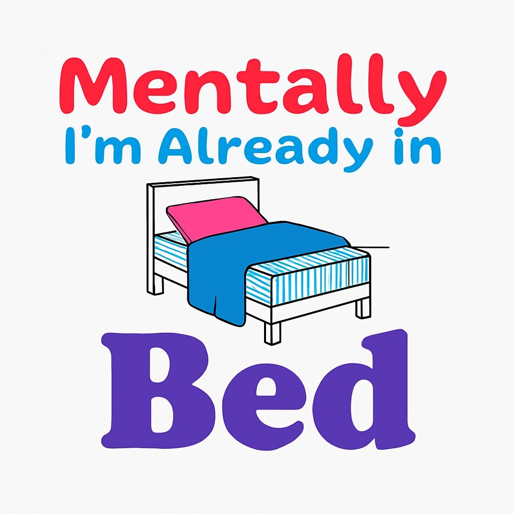 Humorous Cartoon Bed Illustration with Playful Text Sticker