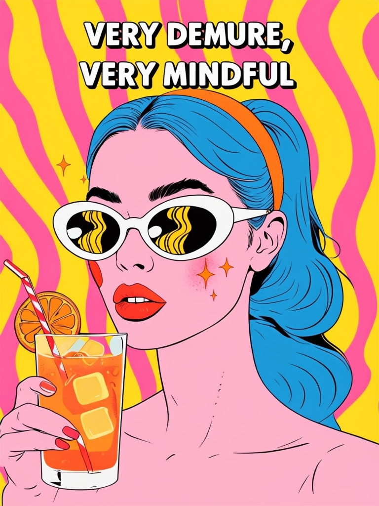 Vibrant Demure Pop Art Woman with Iced Orange Drink and Bold Makeup Poster