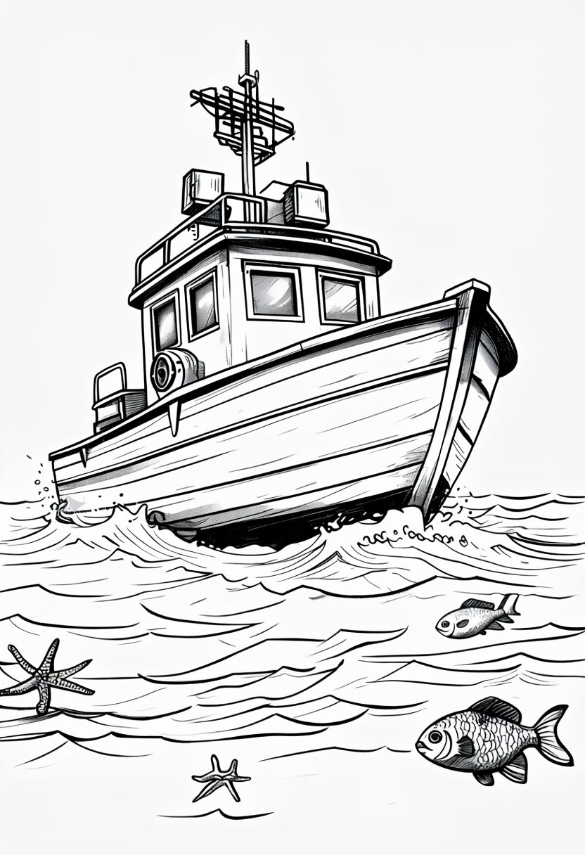 Black and White Cartoon Boat on Choppy Waters Art