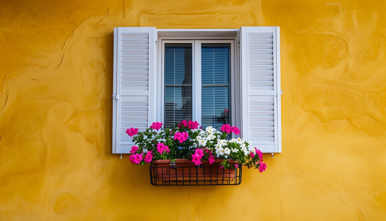 Vibrant Golden Wall with Window and Colorful Plant Accessories Background