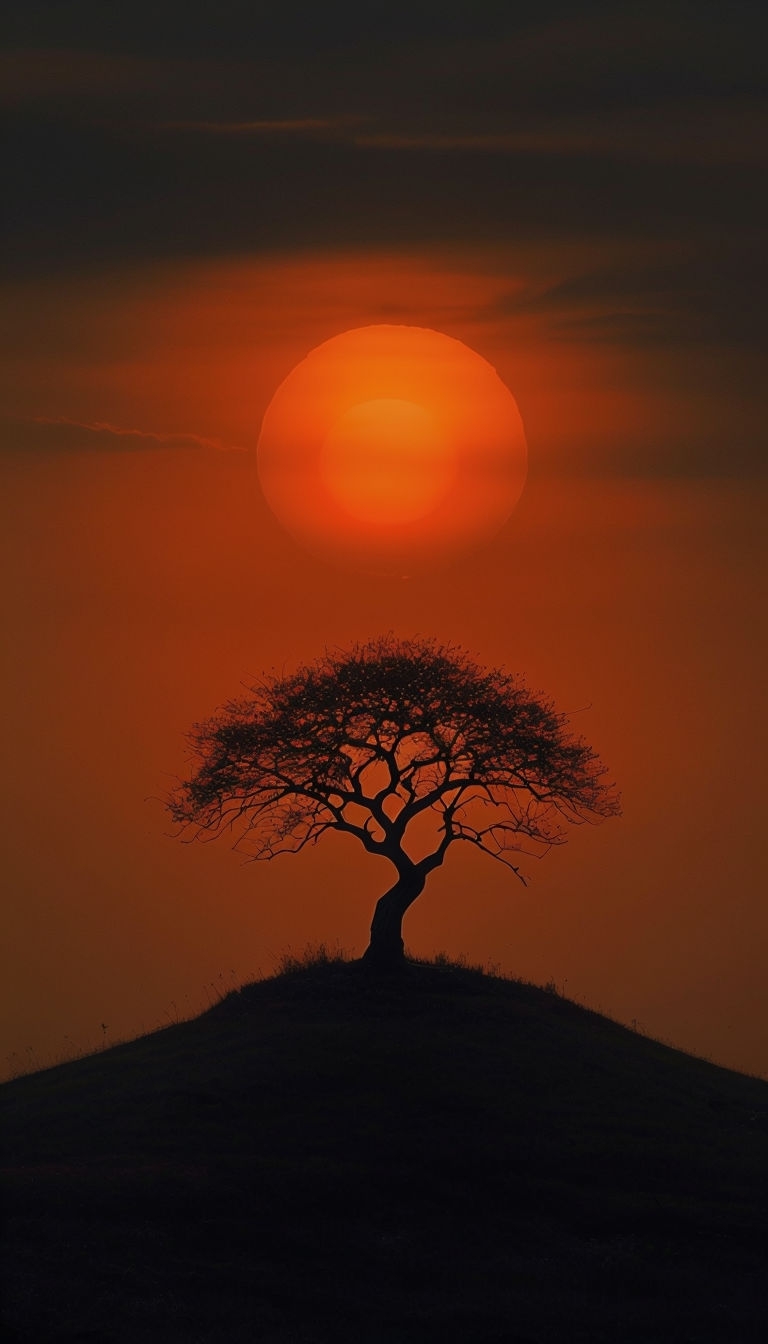 Dramatic Sunset Silhouette of Lone Tree on Hill Mobile Wallpaper
