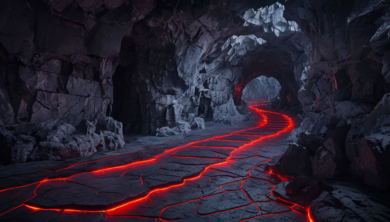 Eerie Cave Pathway with Glowing Lava in Dark Atmosphere Background