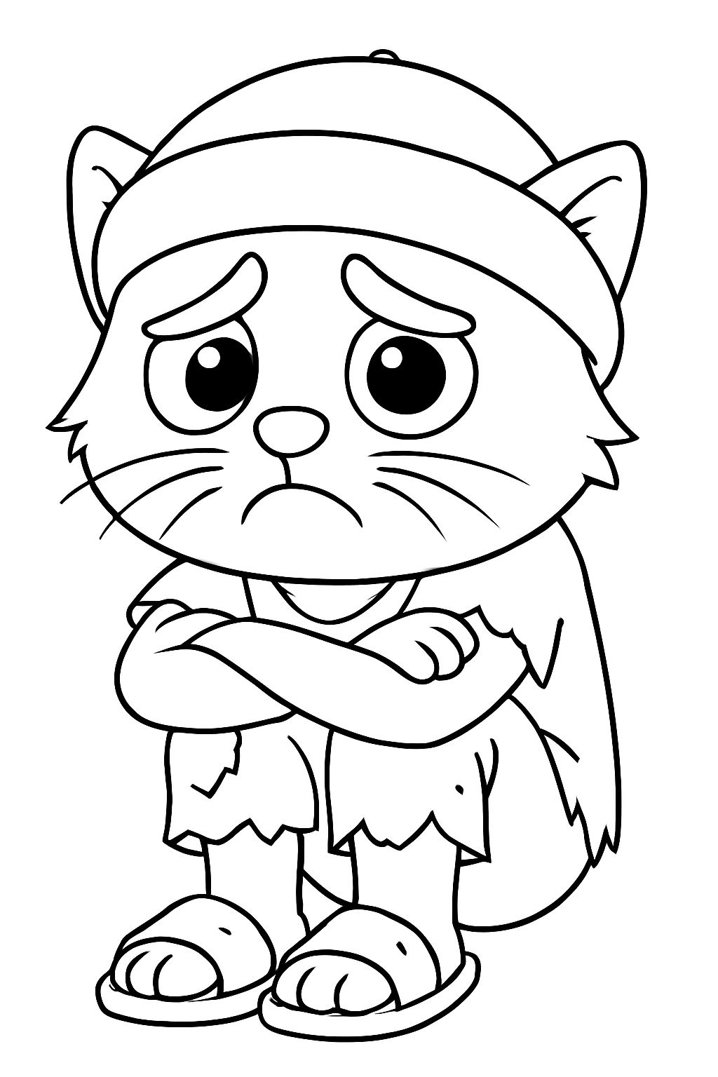 Sad Anthropomorphic Cat Character Line Drawing Coloring Page