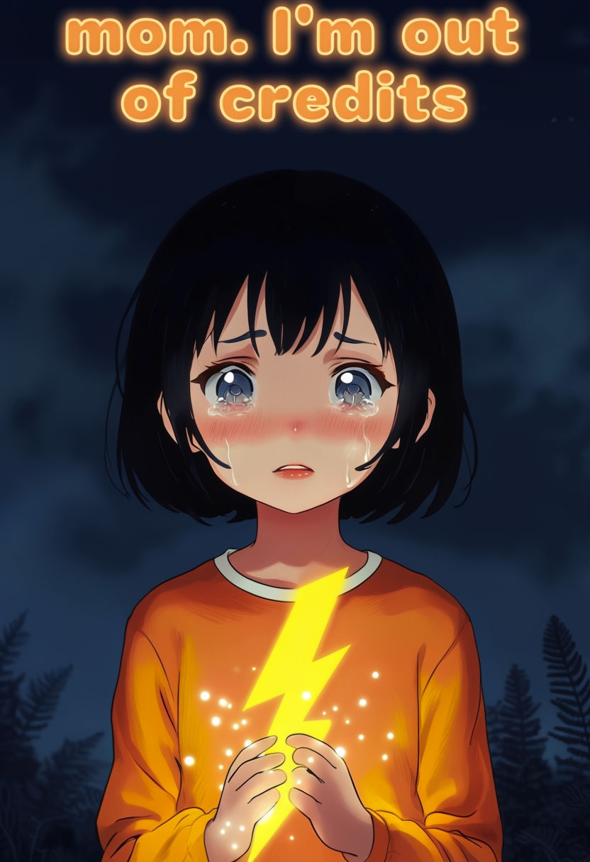 Emotional Anime Girl with Lightning Bolt and "Mom, I'm Out of Credits" Art