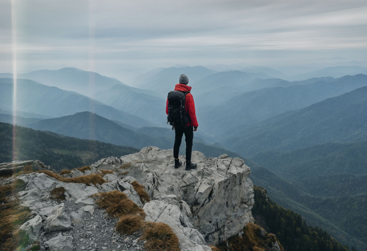 Serene Mountain Landscape with Individual in Red Jacket Photograph