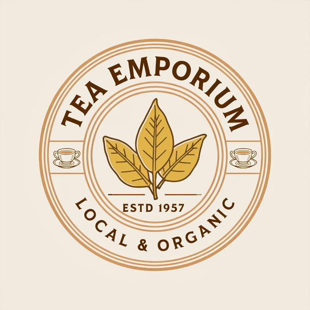 Vintage Tea Emporium Logo Design with Elegant Leaf Elements