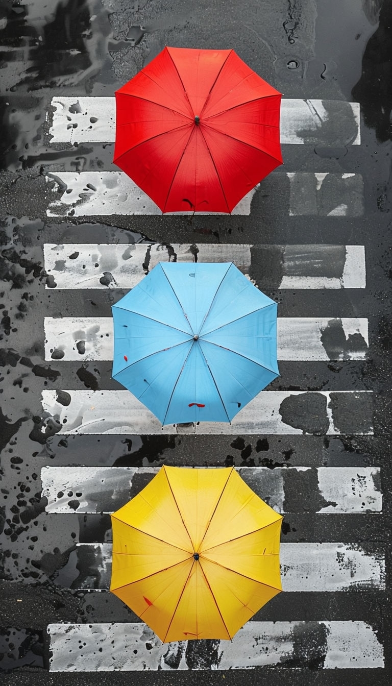 Colorful Umbrellas on Asphalt Road Minimalist Photography Art