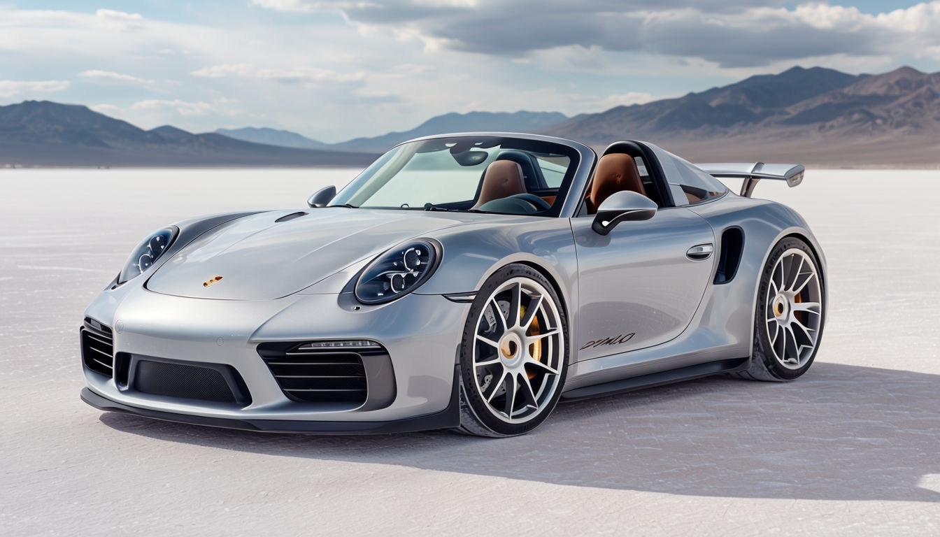 Sleek Silver Porsche Sports Car with Mountains Background Virtual Backgrounds