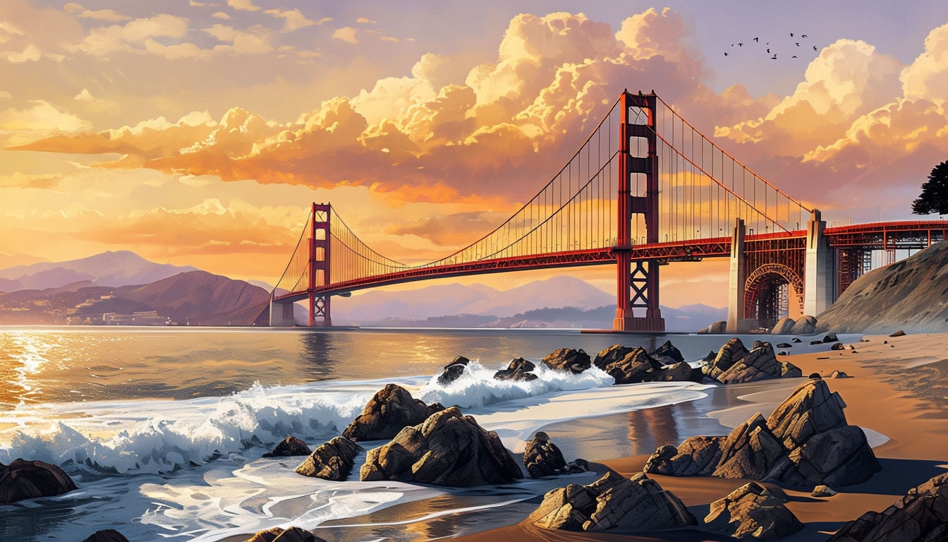 Golden Gate Bridge Sunset Digital Art Illustration Poster