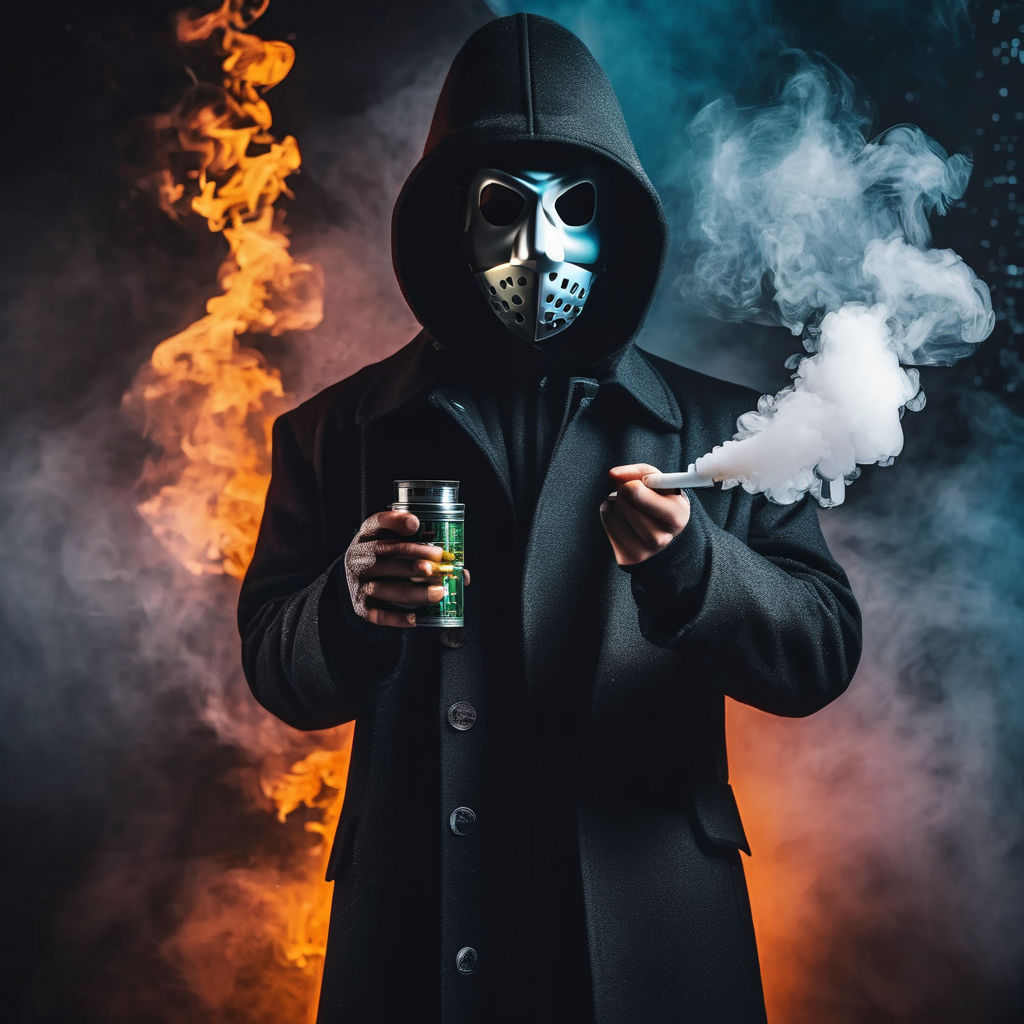 A man in a black coat and a hockey mask lights a lighter and brings it to a bong, smoke comes out of the hockey mask, make a brand style, cool background and interesting dark tones