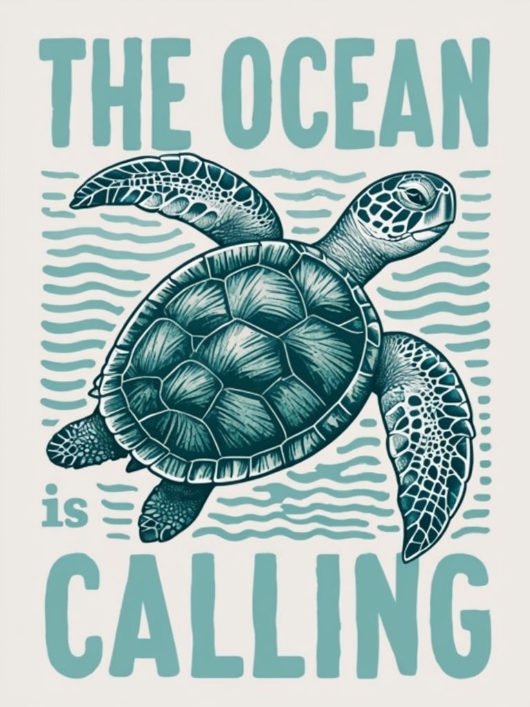 Vintage Sea Turtle Illustration with Ocean Typography Poster