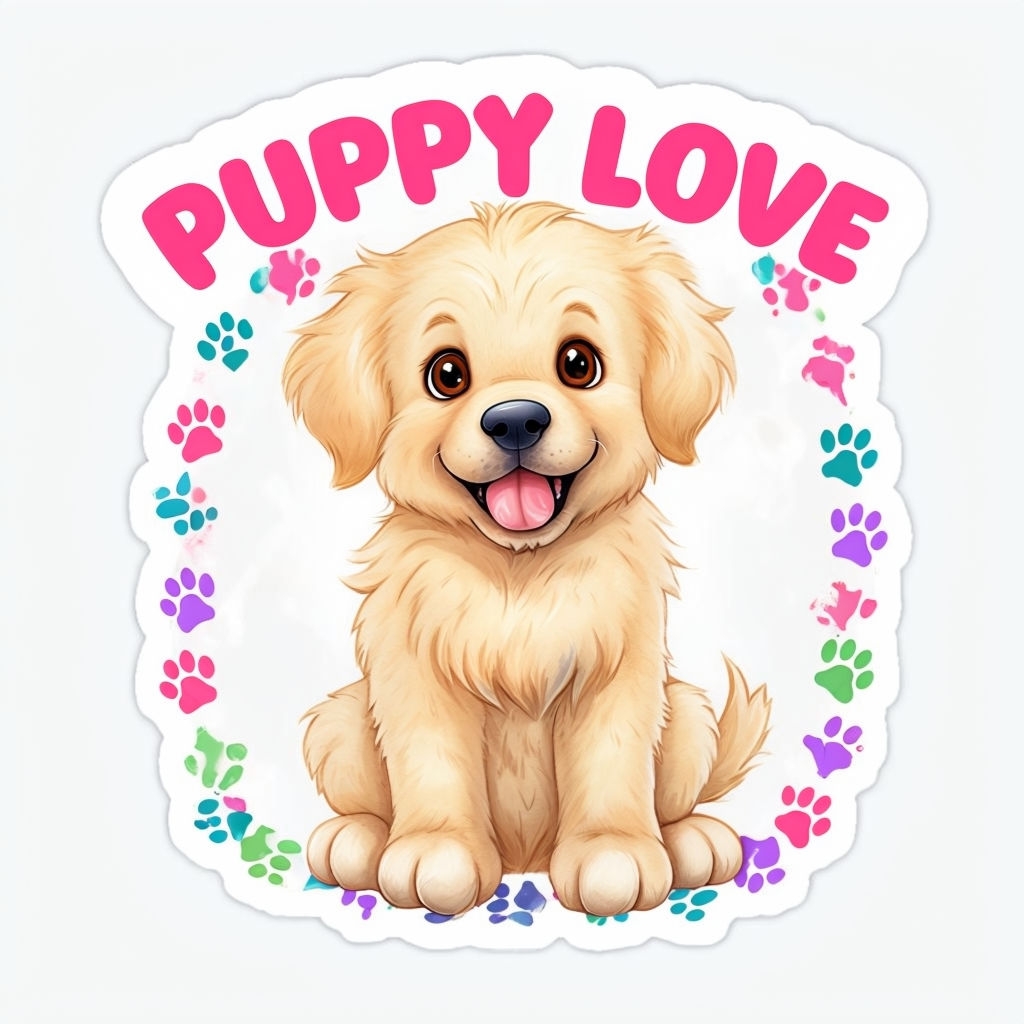 Playful Golden Retriever Puppy Love Cartoon Sticker