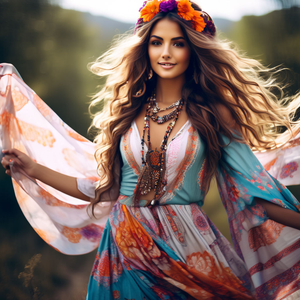 full body of a beautiful hippie girl