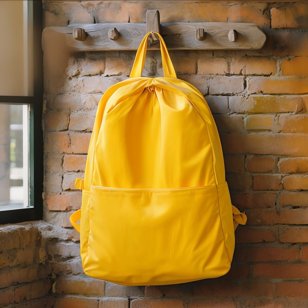 Bright Yellow Backpack Hanging Against Rustic Brick Wall Mockup