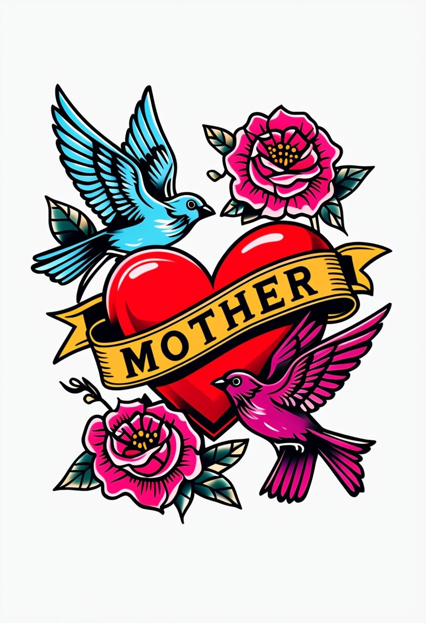 Vibrant Tattoo-Style Mother's Day Heart Illustration T-Shirt