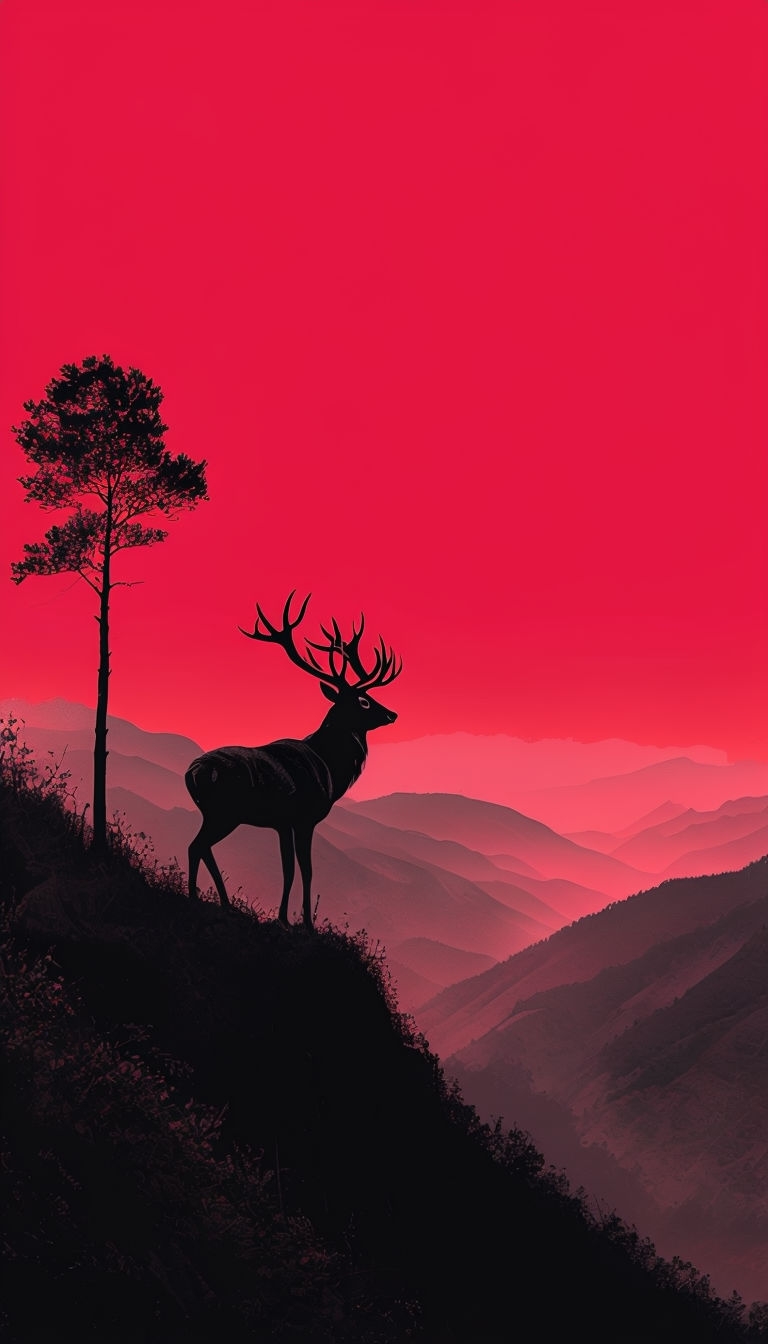 Majestic Deer Silhouette Against Vibrant Crimson Sunset Mobile Wallpaper