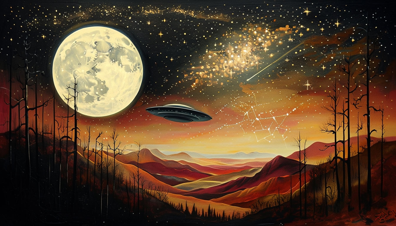 Surreal Night Landscape with Glowing Moon and UFO Background