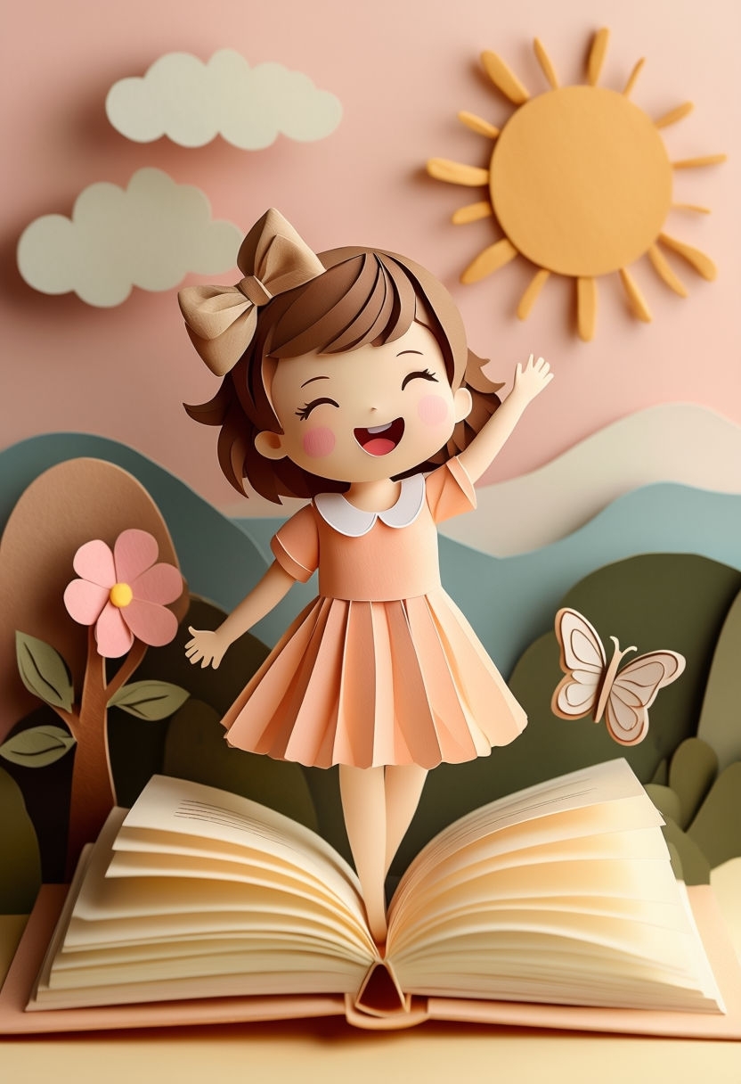 Whimsical Paper Art Scene with Cheerful Girl and Nature Elements Art