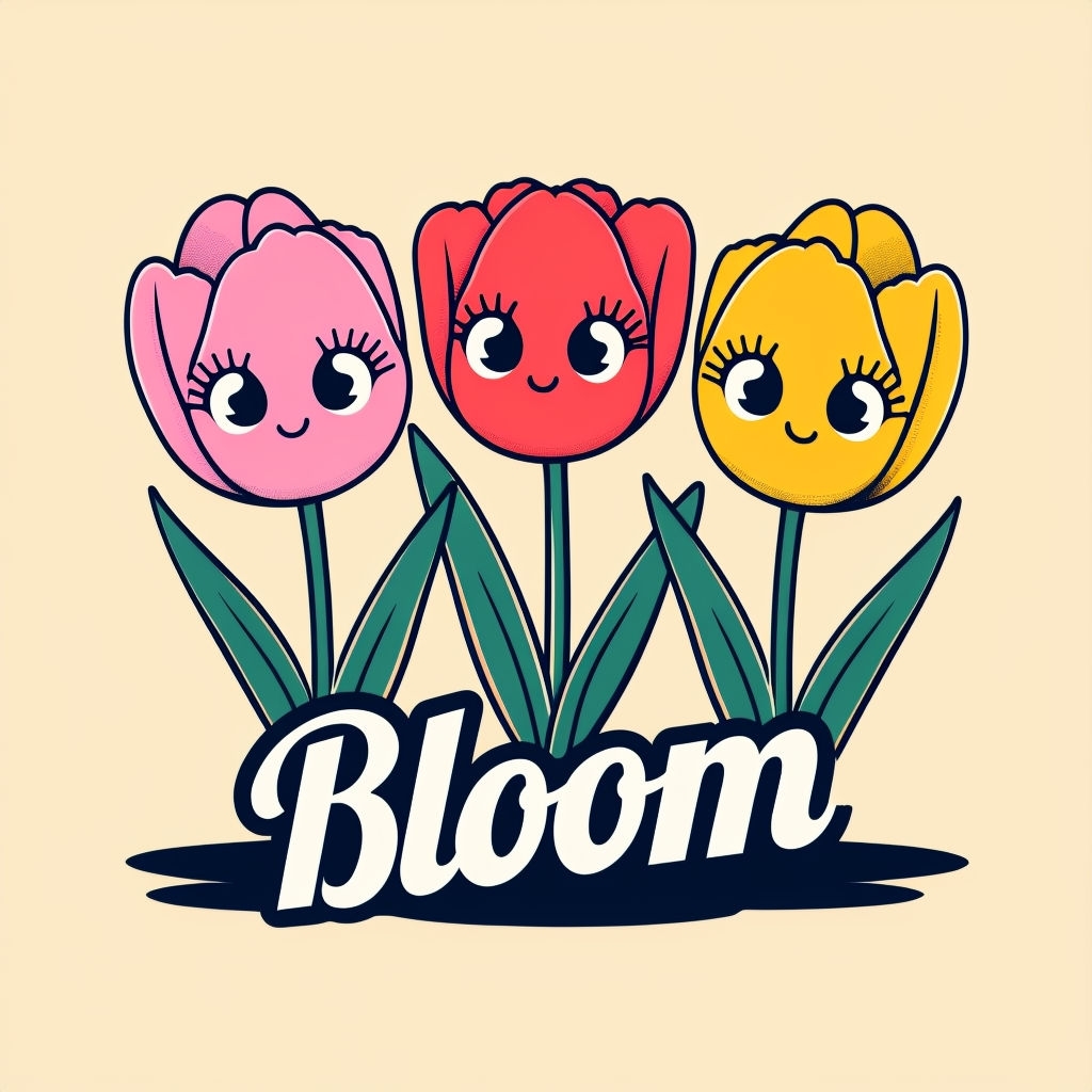 Playful Cartoon Tulips Blooming Illustration T-Shirt