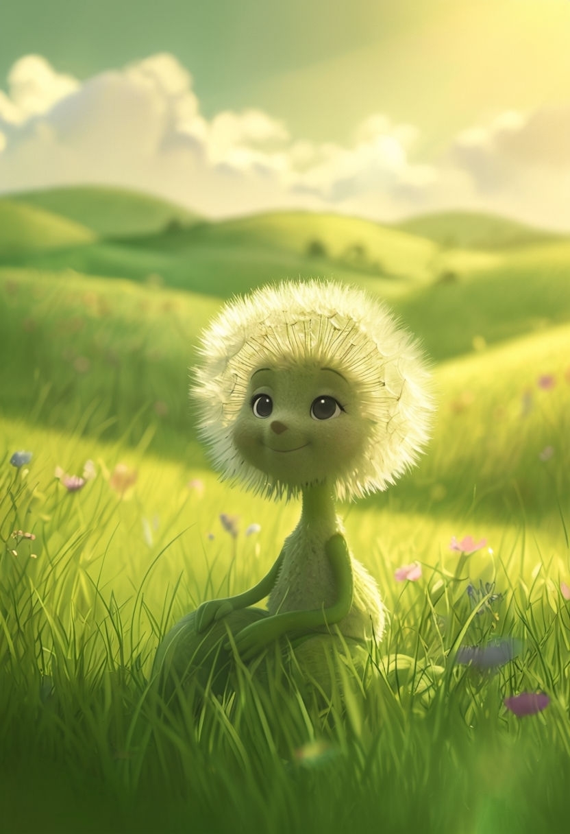 Charming Anthropomorphic Dandelion in Sunny Field Illustration Art