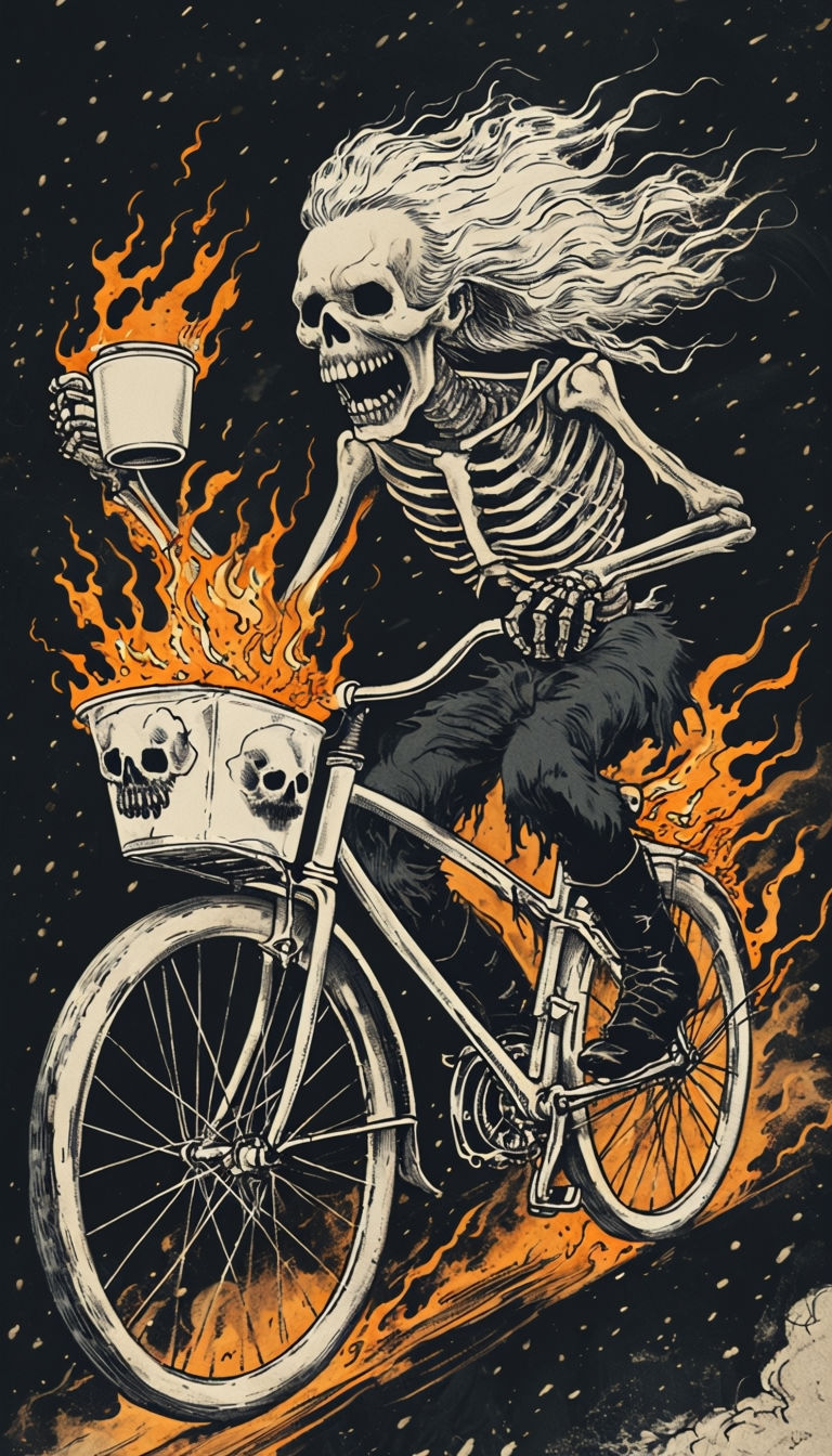 Eerie Skeleton Riding a Vintage Bicycle with Flames Art