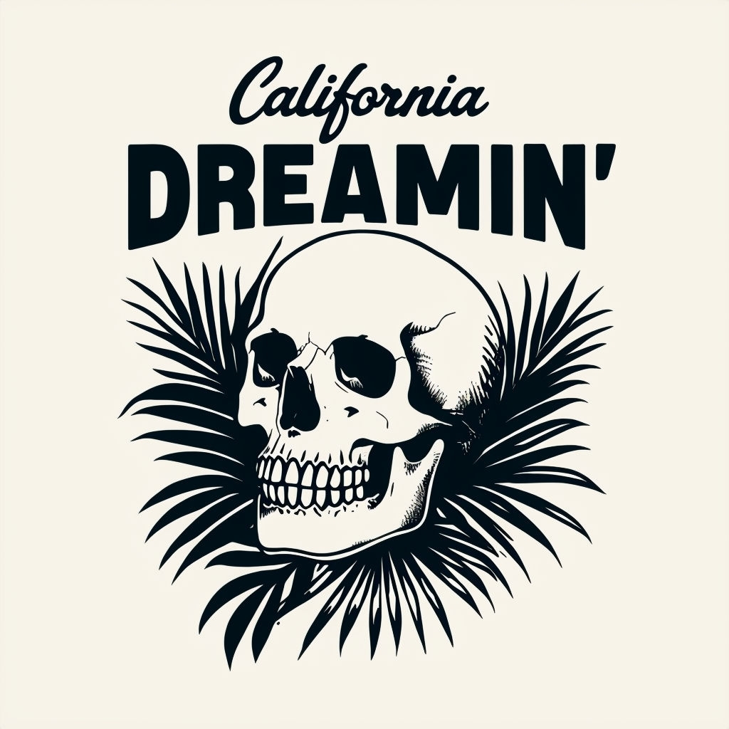 California Dreamin' Skull and Palm Fronds Vintage Tattoo T-Shirt