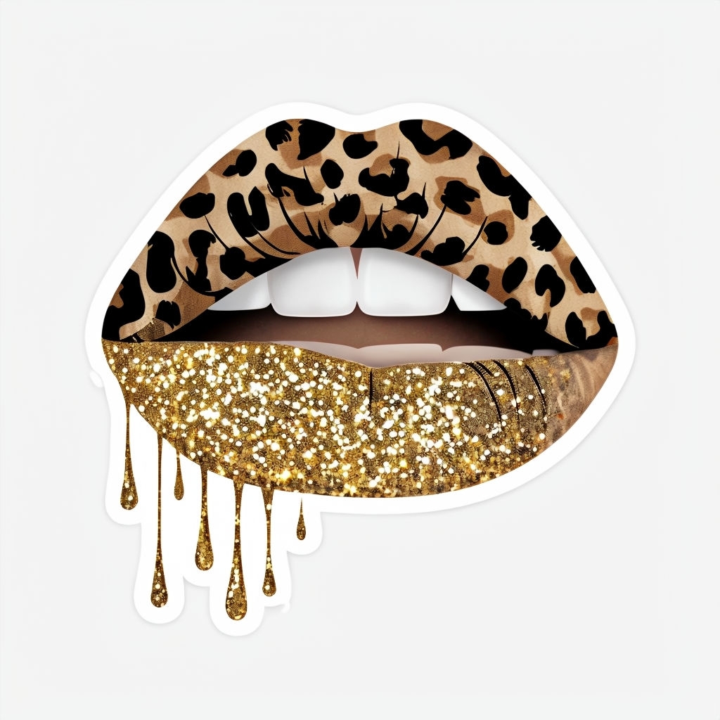 Leopard Print and Gold Glitter Stylish Lips Illustration Sticker