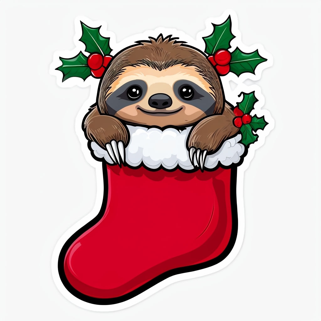 Cute Brown Sloth Hanging from Christmas Stocking Sticker