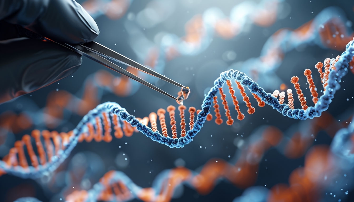 Advanced Genetic Research Scene with DNA and Tweezers Virtual Background