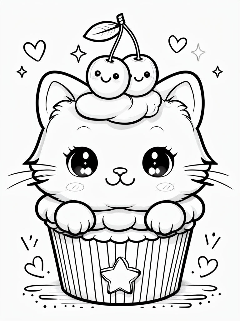 Kawaii Cat Cupcake Character Line Art Illustration for Coloring Book Pages