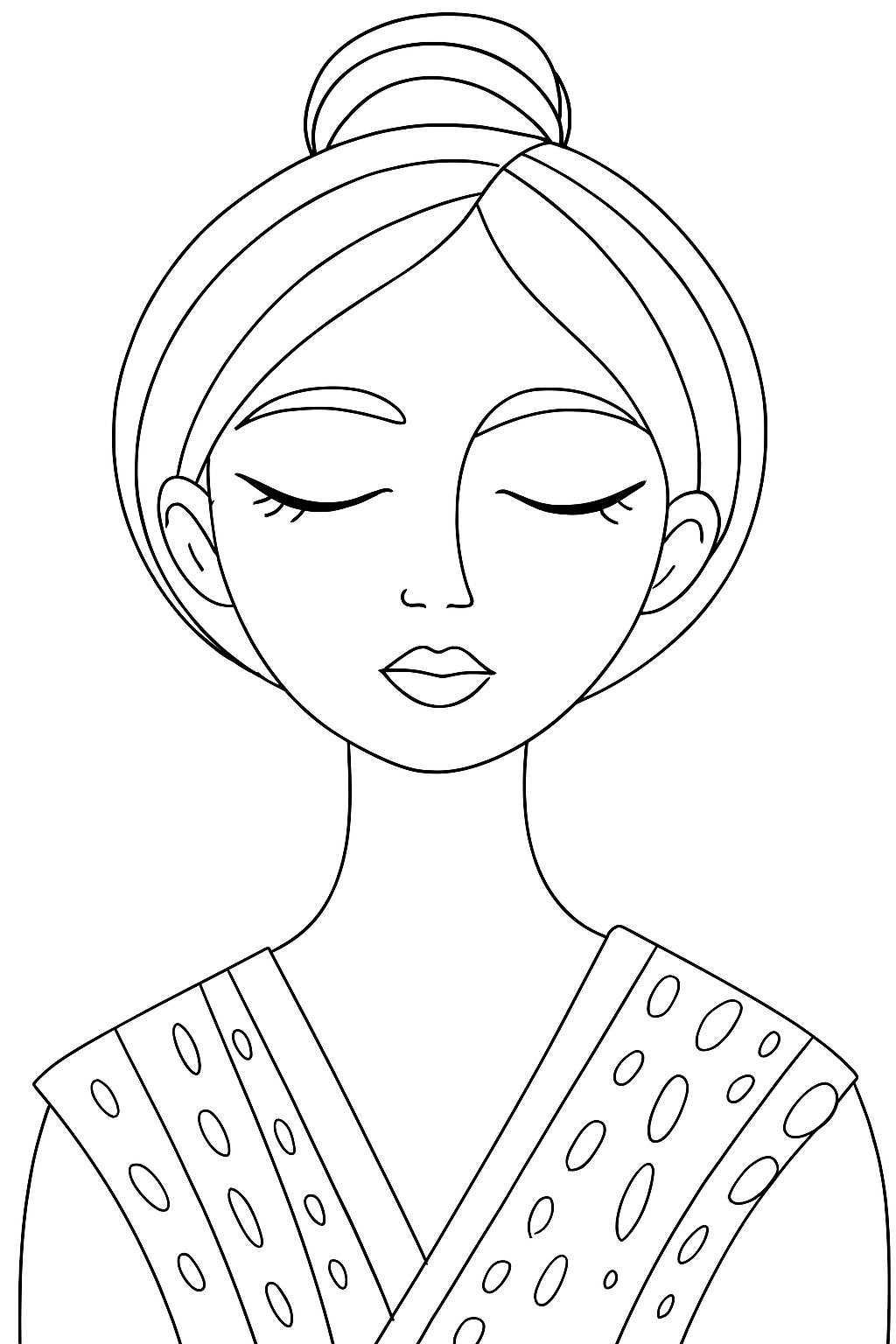 Minimalist Black and White Line Drawing of Serene Woman Coloring Book Pages