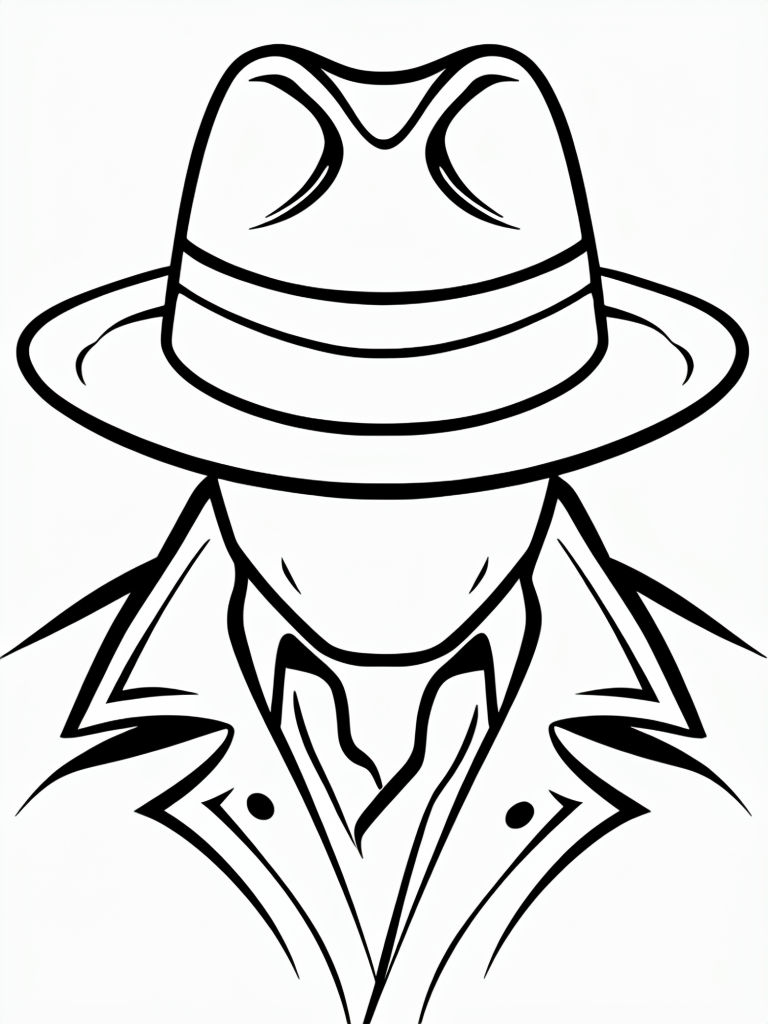 Mysterious Fedora and Trench Coat Line Art Coloring Page
