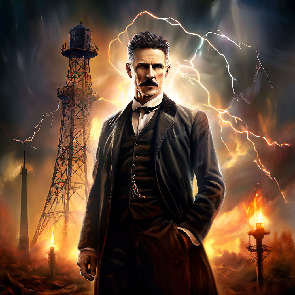 A digital painting of Nikola Tesla standing beside his Warde... by ...