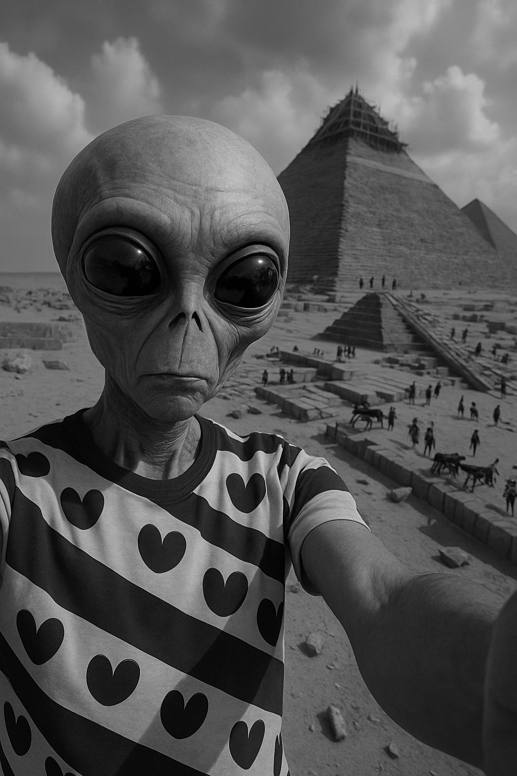 Surreal Black and White Alien Selfie in Desert Landscape Art