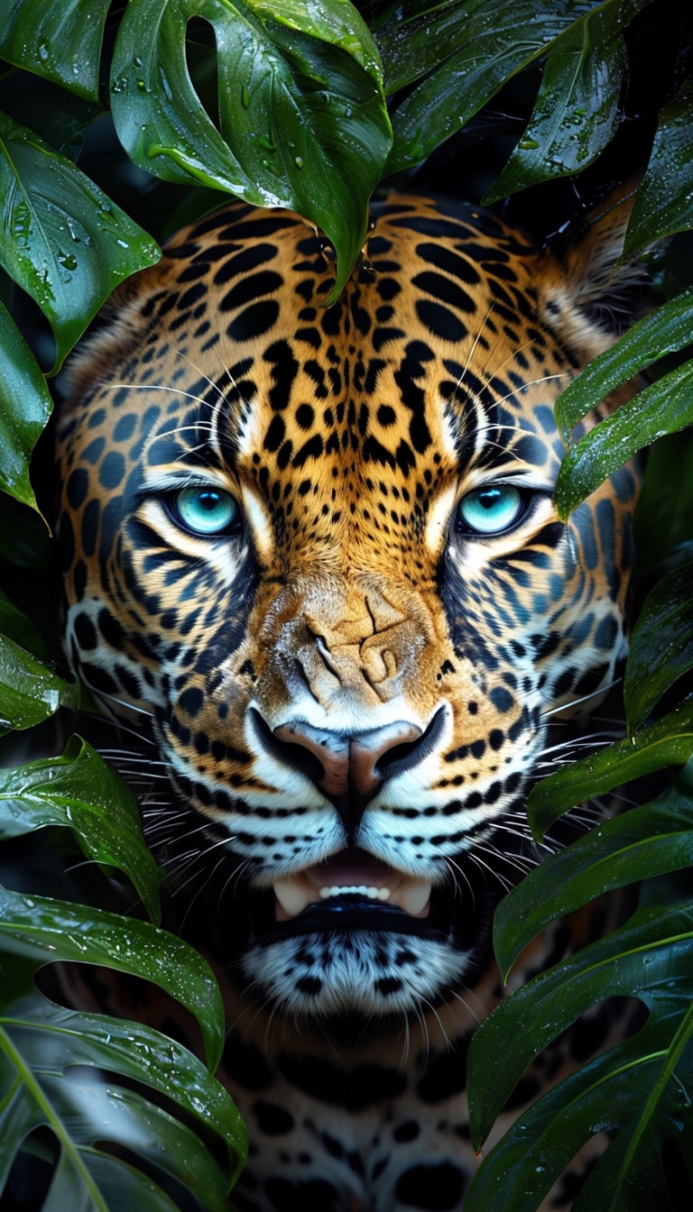 Stunning Photorealistic Jaguar Face Surrounded by Tropical Leaves Art