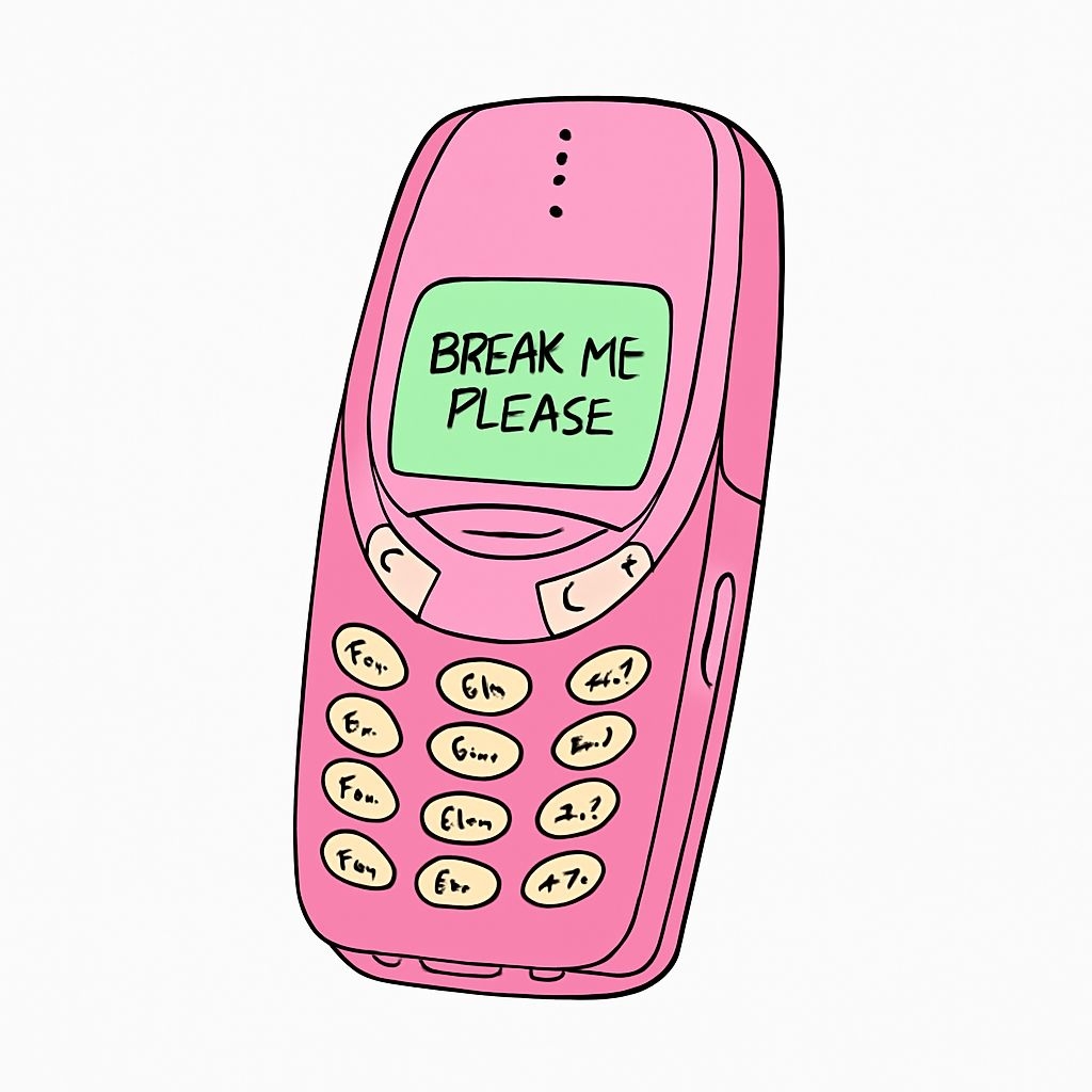 Vintage 80s Cartoon Mobile Phone with 'Break Me Please' Sticker
