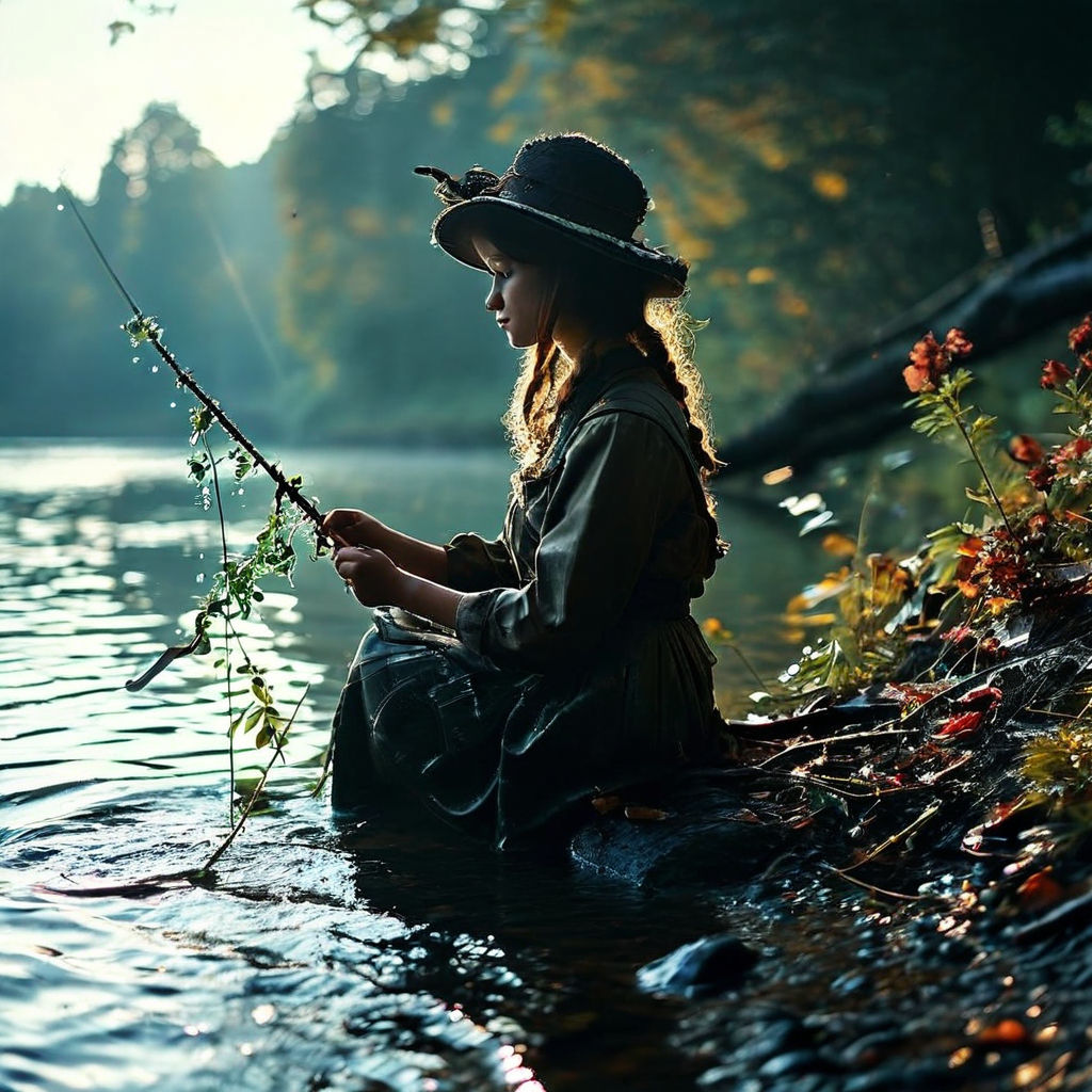 where a girl sits quietly engaged in the art of fishing. Convey