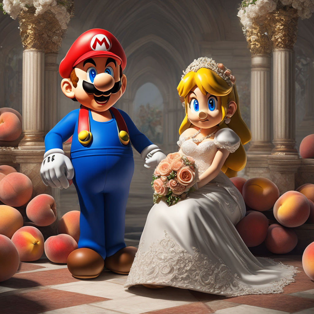 Super Mario Bros standing alongside Princess Peach during their vibrant  nuptials