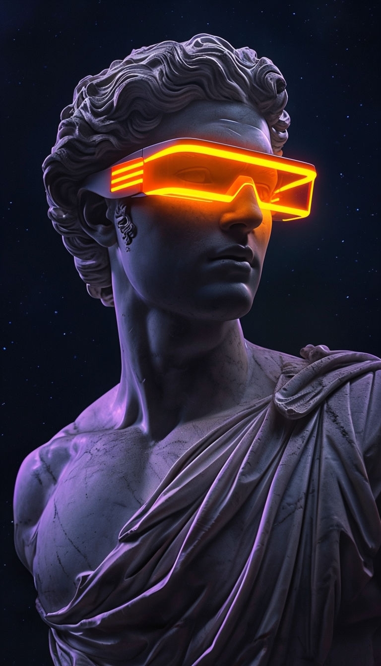 Futuristic Neon-Enhanced Classical Statue Artwork in Outer Space Art