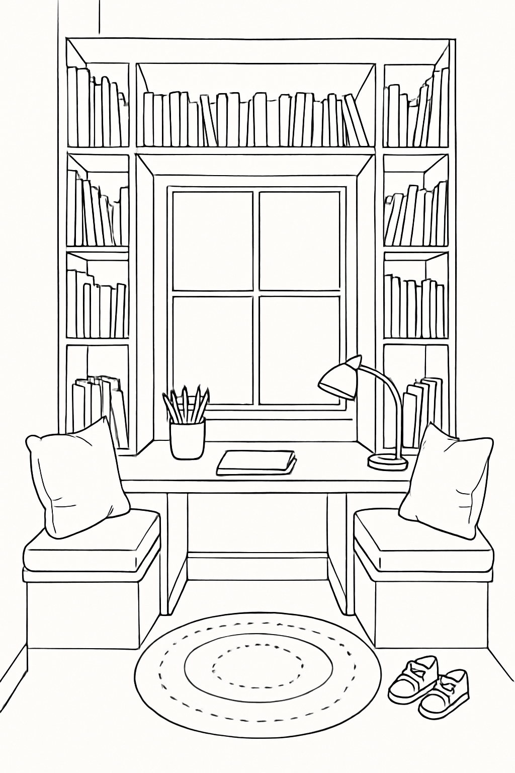 Cozy Study Nook with Bookshelves and Desk Coloring Page