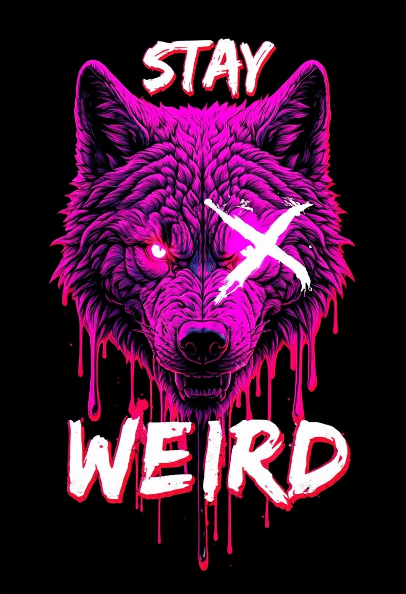 Neon Pink Wolf Head with Stay Weird Text T-Shirt